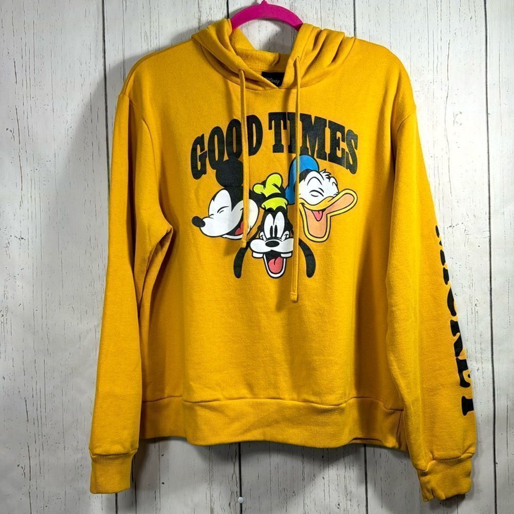 Disney Mickey Mouse Goofy Good Times Hooded Soft Yellow Graphic Sweatshirt